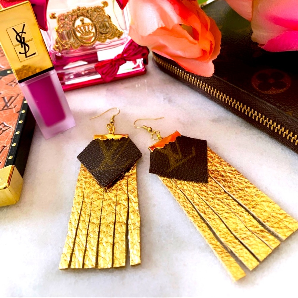 Handmade upcycled  monogram drop leather earrings